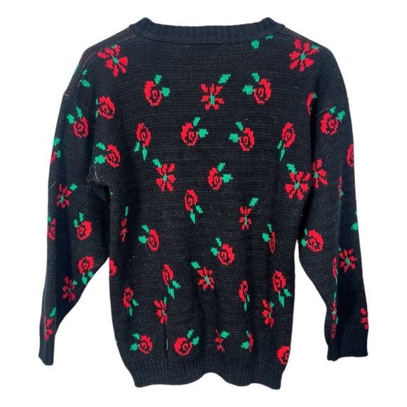 VTG G.F.C Ltd Black w/ metallic Red & Green Floral Acrylic Pullover Sweater - Picture 2 of 7